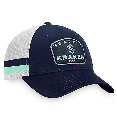 Men's Fanatics Branded Deep Sea Blue/White Seattle Kraken Fundamental Striped Trucker Adjustable Hat