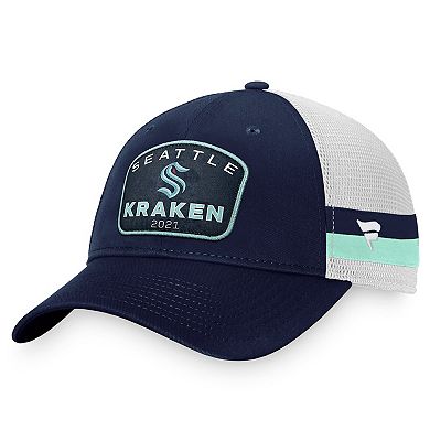 Men's Fanatics Branded Deep Sea Blue/White Seattle Kraken Fundamental Striped Trucker Adjustable Hat