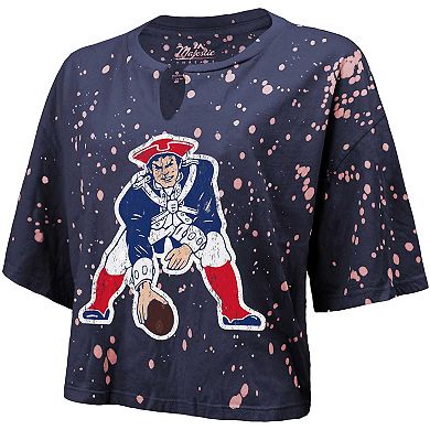 Women's Majestic Threads Navy New England Patriots Bleach Splatter Notch Neck Crop T-Shirt