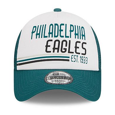 Men's New Era White/Midnight Green Philadelphia Eagles Stacked A-Frame Trucker 9FORTY Adjustable Hat