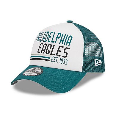 Men's New Era White/Midnight Green Philadelphia Eagles Stacked A-Frame Trucker 9FORTY Adjustable Hat