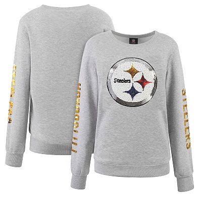 Women's Cuce Heather Gray Pittsburgh Steelers Sequined Logo Pullover Sweatshirt