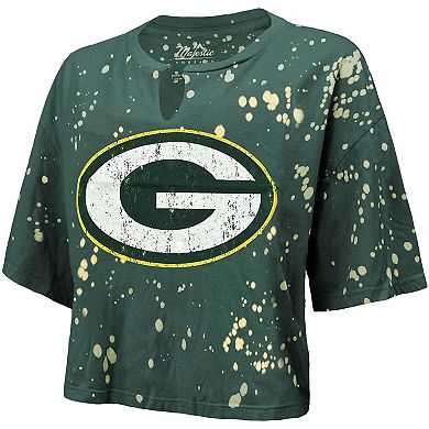 Women's Majestic Threads Green Green Bay Packers Bleach Splatter Notch Neck Crop T-Shirt