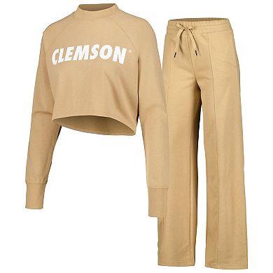 Women's Tan Clemson Tigers Raglan Cropped Sweatshirt & Sweatpants Set