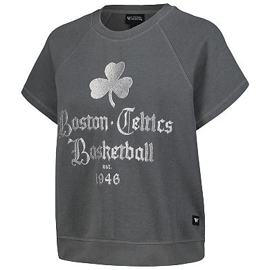 Women's The Wild Collective Gray Boston Celtics Embroidered Fleece Raglan Short Sleeve Pullover Sweatshirt