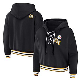 Women's WEAR by Erin Andrews Black Pittsburgh Steelers Plus Size Lace-Up Pullover Hoodie