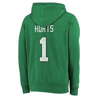 Men's Majestic Threads Jalen Hurts Kelly Green Philadelphia Eagles Name & Number Tri-Blend Pullover Hoodie