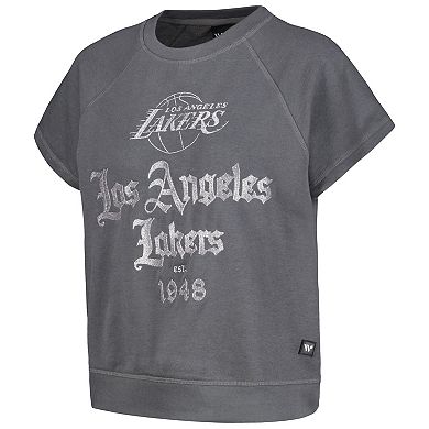 Women's The Wild Collective Gray Los Angeles Lakers Embroidered Fleece Raglan Short Sleeve Pullover Sweatshirt
