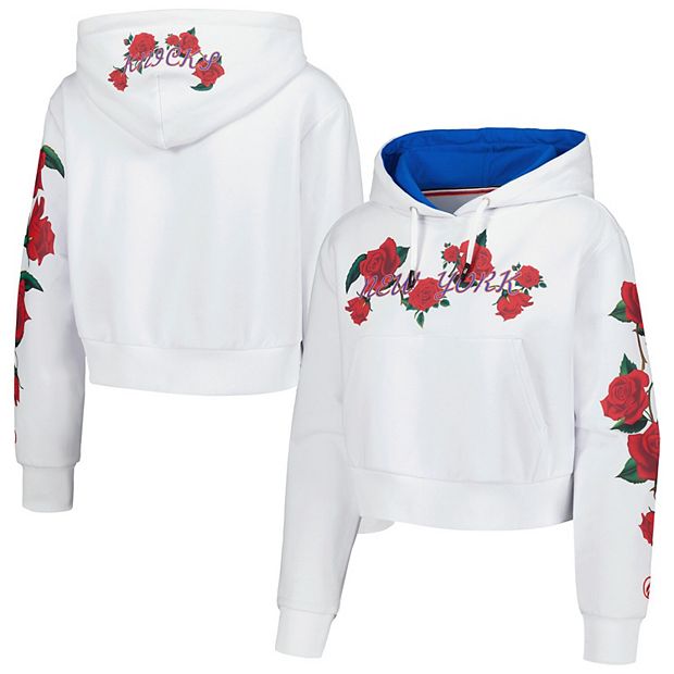 Women s FISLL White New York Knicks Roses Cropped Pullover Hoodie