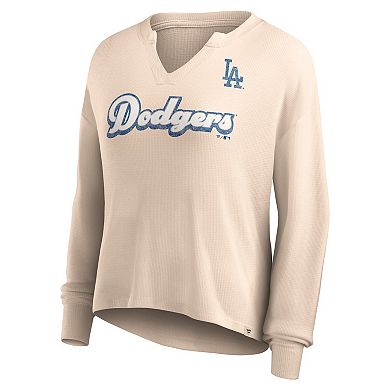 Women's Fanatics Branded Cream Los Angeles Dodgers Go For It Waffle Knit Long Sleeve Notch Neck T-Shirt