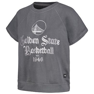 Women's The Wild Collective Gray Golden State Warriors Embroidered Fleece Raglan Short Sleeve Pullover Sweatshirt