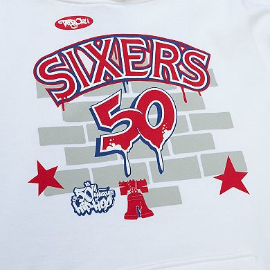 Men's Mitchell & Ness x Tats Cru White Philadelphia 76ers Hardwood Classics Brick Pullover Hoodie