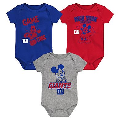 Newborn & Infant Royal/Red/Gray New York Giants Three-Piece Disney Game Time Bodysuit Set