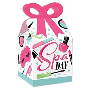 Big Dot Of Happiness Spa Day - Square Favor Gift Boxes - Girls Makeup Party Bow Boxes - 12 ct