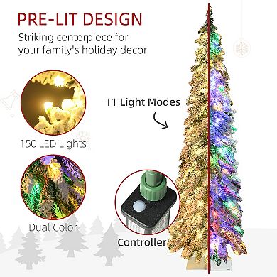 Homcom 5' Downswept Slim Snow Artificial Christmas Tree With Led Lights