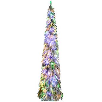 HOMCOM 7ft Downswept Slim Snow Artificial Christmas Tree with LED Lights