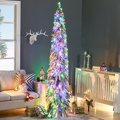 Homcom 7' Downswept Slim Snow Artificial Christmas Tree With Led Lights