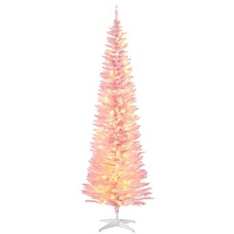 Homcom 7' Prelit Artificial Christmas Tree With Warm White Led Lights, Pink