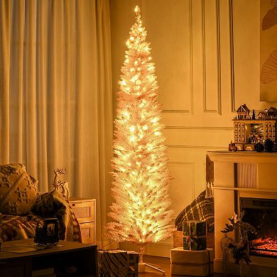 Homcom 7' Prelit Artificial Christmas Tree With Warm White Led Lights, Pink