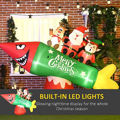 9' Inflatable Christmas Rocket Carrying Santa Claus, Elf And Reindeer For Garden