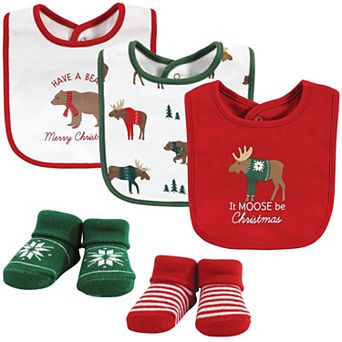 Hudson Baby Unisex Baby Cotton Bib and Sock Set, Moose Be Christmas, One Size