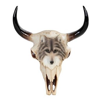 FC Design 11"H Buffalo Skull with Wolf on The Front Taxidermy Animal Head Wall Decor