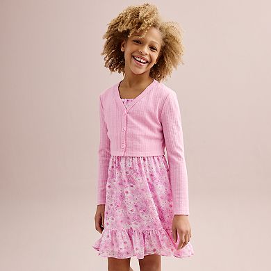 Girls 4-20 Knit Works 2-pc. Long Sleeve Cardigan With Sleeveless Shirred Bodice & Hem Ruffle Dress Set in Regular & Plus Size