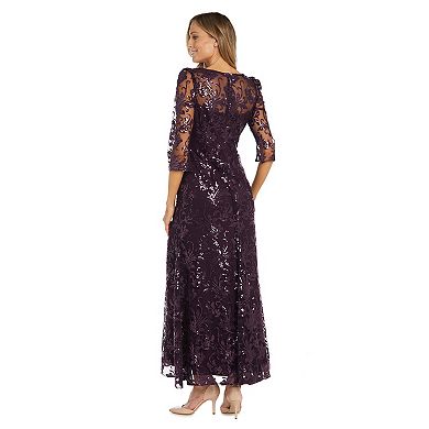 Women's R&M Richards Embroidered Sequin Mesh Long Sleeve Dress 