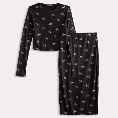 Juniors' Love, Fire Floral Print Mesh Long Sleeve Top & Midi Skirt Set