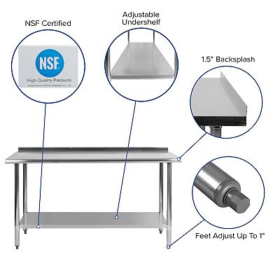 Emma and Oliver Stainless Steel 18 Gauge Prep and Work Table with Backsplash and Shelf, NSF