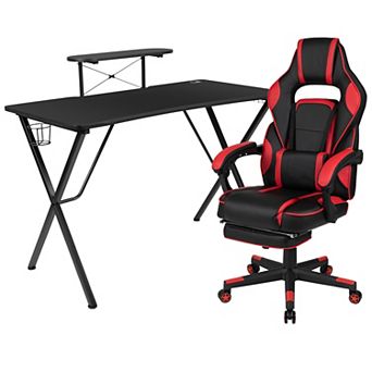 Emma and Oliver Gaming Bundle-Cup/Headphone Desk & Reclining Footrest Chair