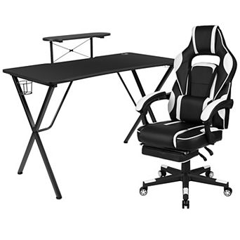 Emma and Oliver Gaming Bundle-Cup/Headphone Desk & Reclining Footrest Chair