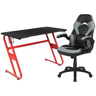 Emma and Oliver Gaming Desk and Racing Chair Set with Cup Holder and Headphone Hook
