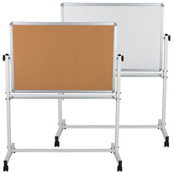 Emma and Oliver Reversible Mobile Cork Bulletin Board and White Board Stand with Pen Tray