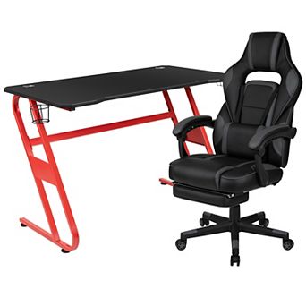 Emma and Oliver Gaming Bundle-Cup/Headphone Desk & Reclining Footrest Chair