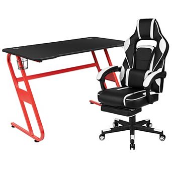 Emma and Oliver Gaming Bundle-Cup/Headphone Desk & Reclining Footrest Chair