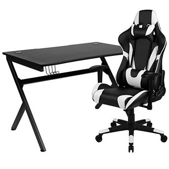 Emma and Oliver Gaming Bundle-Desk, Cup Holder/Headphone Hook & Reclining Chair