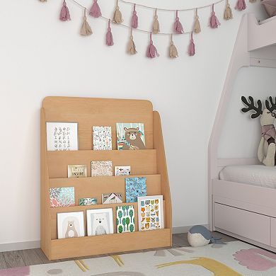 Emma and Oliver Kid's Wood Book Storage Shelf with 4 Storage Slats and Child-Friendly Curved Edges