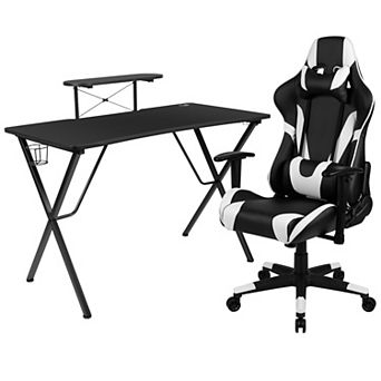 Emma and Oliver Gaming Desk & Chair Set - Cup Holder, Headphone Hook, and Monitor Stand