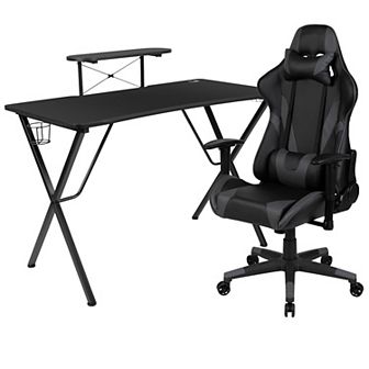 Emma and Oliver Gaming Desk & Chair Set - Cup Holder, Headphone Hook, and Monitor Stand