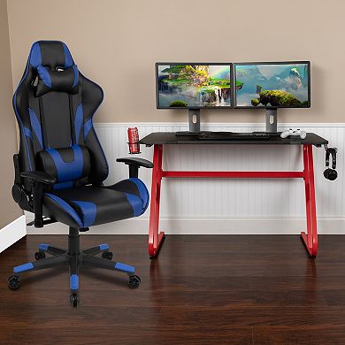 Emma and Oliver Desk Bundle-Gaming Desk, Cup Holder, Headphone Hook and Reclining Chair