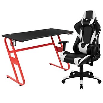 Emma and Oliver Desk Bundle-Gaming Desk, Cup Holder, Headphone Hook and Reclining Chair