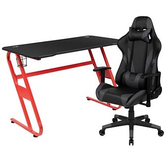 Emma and Oliver Desk Bundle-Gaming Desk, Cup Holder, Headphone Hook and Reclining Chair