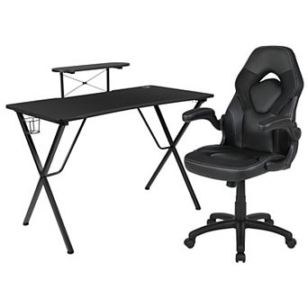 Emma and Oliver Gaming Desk and Racing Chair Set with Headphone Hook, and Monitor Stand