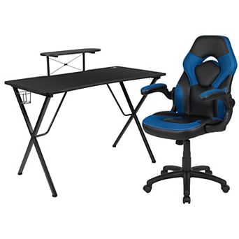 Emma and Oliver Gaming Desk and Racing Chair Set with Headphone Hook, and Monitor Stand