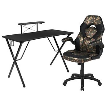 Emma and Oliver Gaming Desk and Racing Chair Set with Headphone Hook, and Monitor Stand