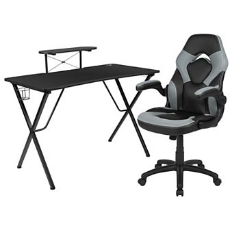 Emma and Oliver Gaming Desk and Racing Chair Set with Headphone Hook, and Monitor Stand