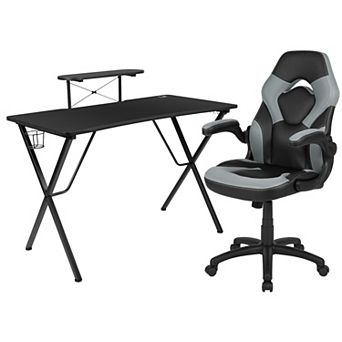 Emma and Oliver Gaming Desk and Racing Chair Set with Headphone Hook, and Monitor Stand