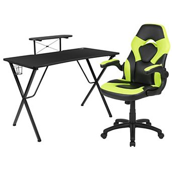 Emma and Oliver Gaming Desk and Racing Chair Set with Headphone Hook, and Monitor Stand