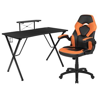 Emma and Oliver Gaming Desk and Racing Chair Set with Headphone Hook, and Monitor Stand